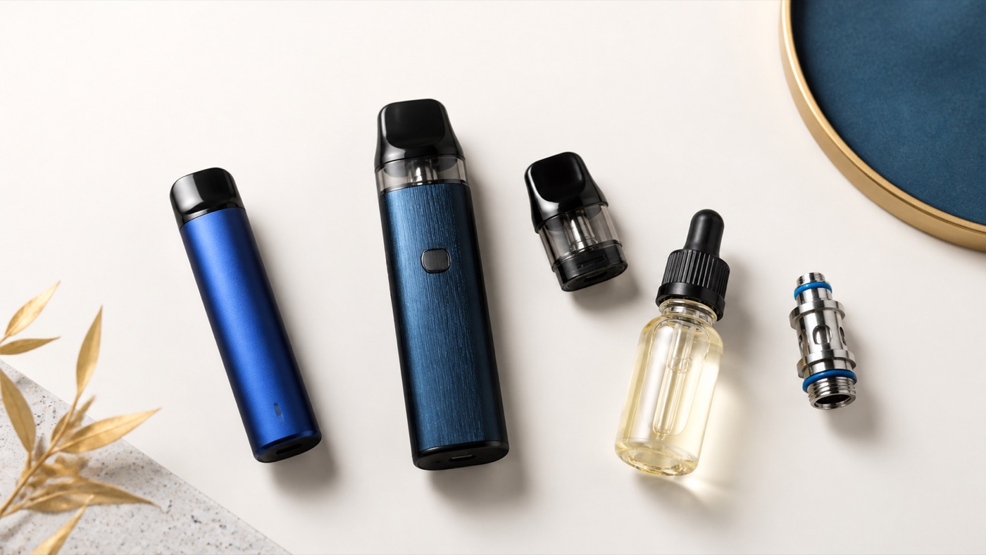 Disposable vape, refillable pod kit, replacement pod, e-liquid bottle and vape coil arranged by product format
