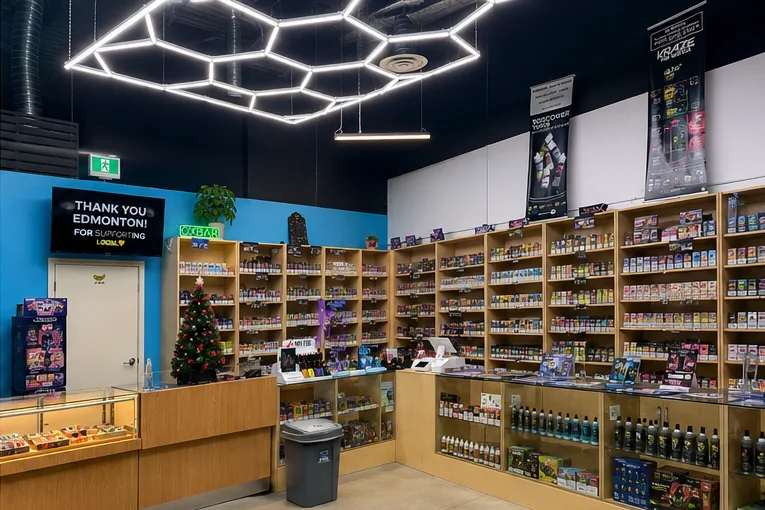 Interior of Capital Vape Store in Edmonton, showing stocked shelves of vape products and the service counter where delivery orders are prepared.
