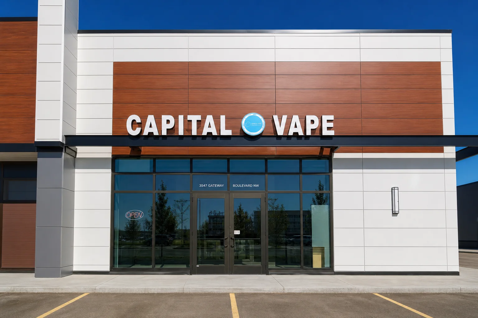 Capital Vape storefront on Gateway Blvd NW in Edmonton, with the CAPITAL VAPE sign above the glass entrance doors.