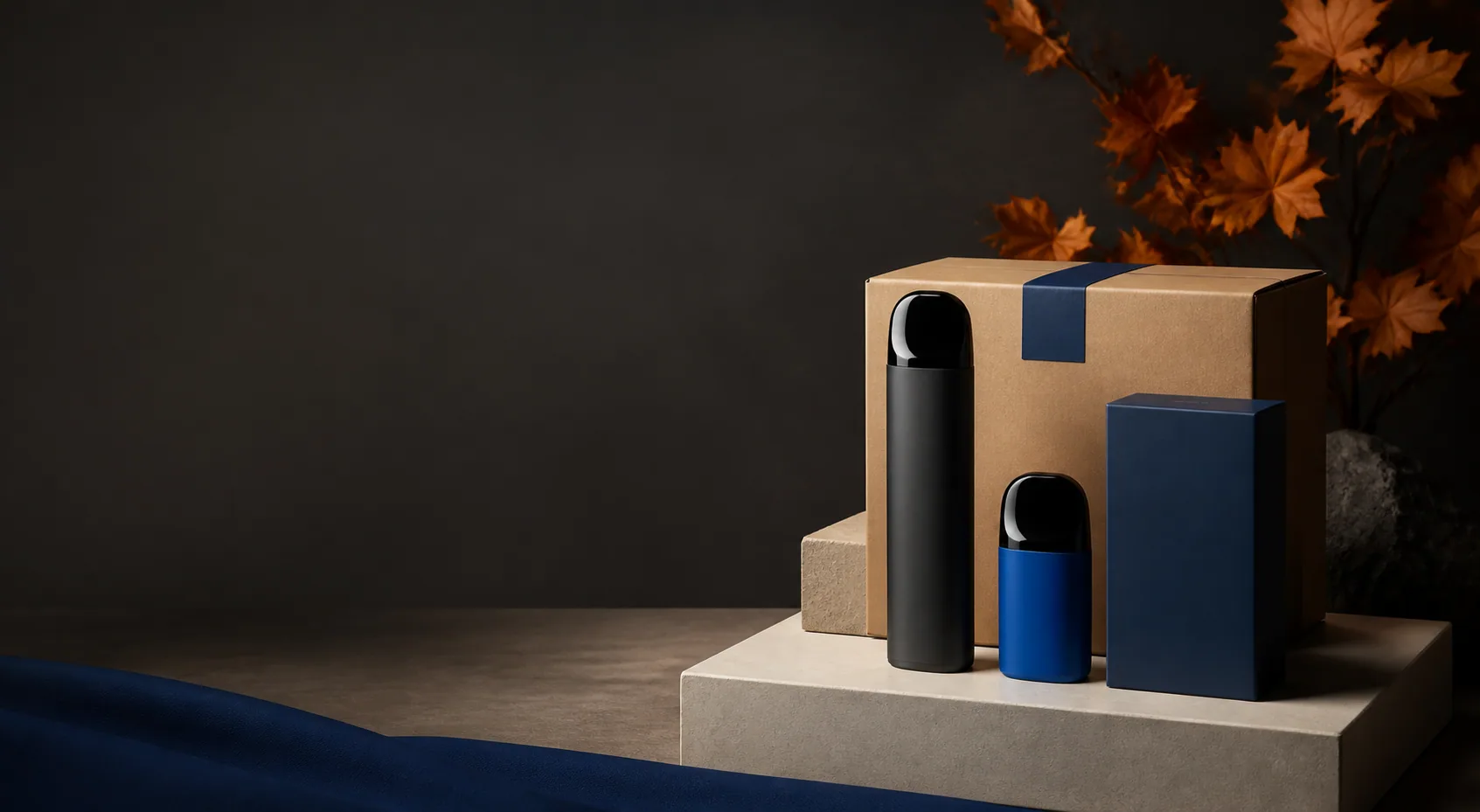 Vape products and a shipping parcel arranged in a warm editorial studio scene