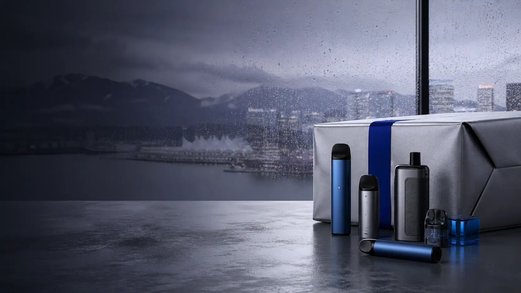 Vancouver skyline and shipping parcels in a modern editorial composition