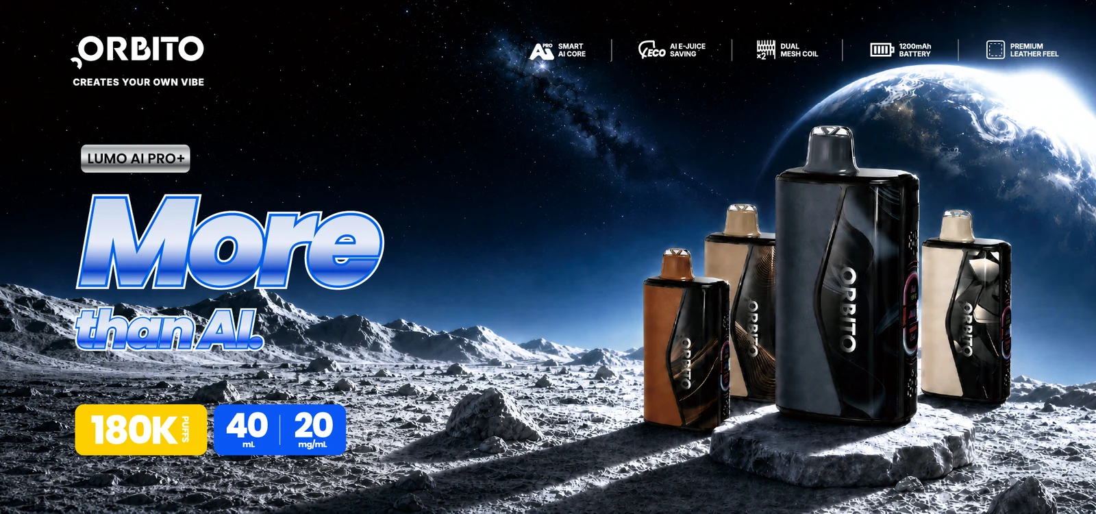 Official Orbito Lumo AI Pro+ 180K banner: 40 mL, 20 mg/mL, 1200 mAh and dual mesh coils